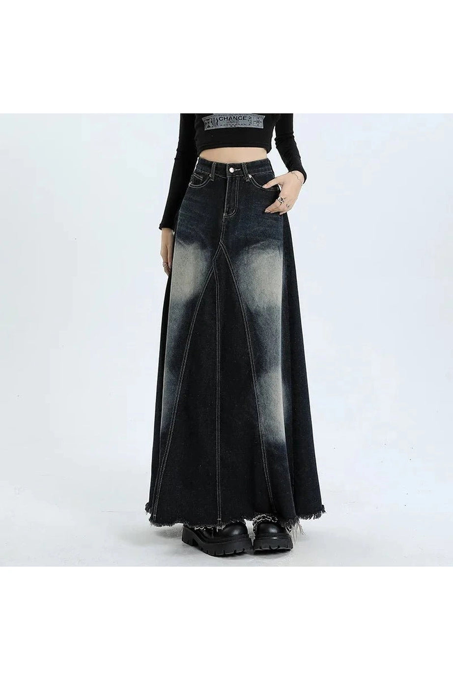 Faded Black Maxi Denim Skirt - Denim Skirt