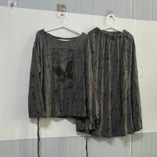 Faded Poetic Drape Edgy Outfit Set 2 set Gray Shoptery