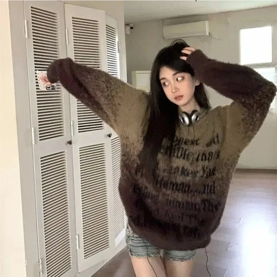 Edgy Faded Verse Fuzzy Sweater Brown Shoptery