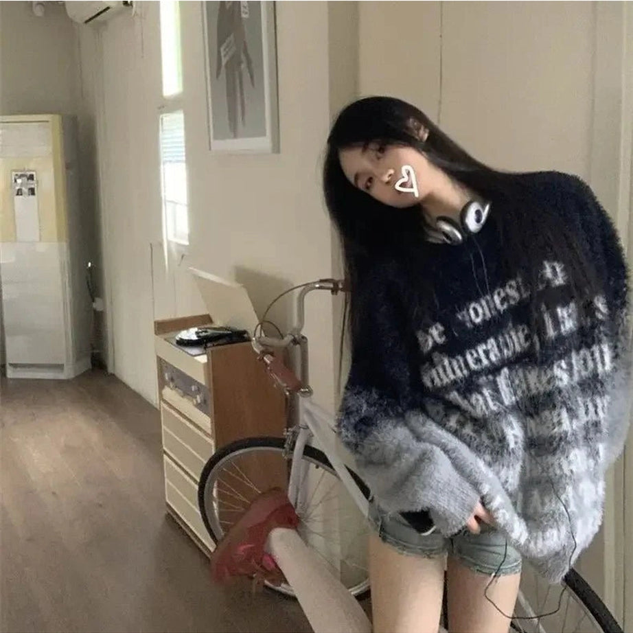 Edgy Faded Verse Fuzzy Sweater Black ash Shoptery