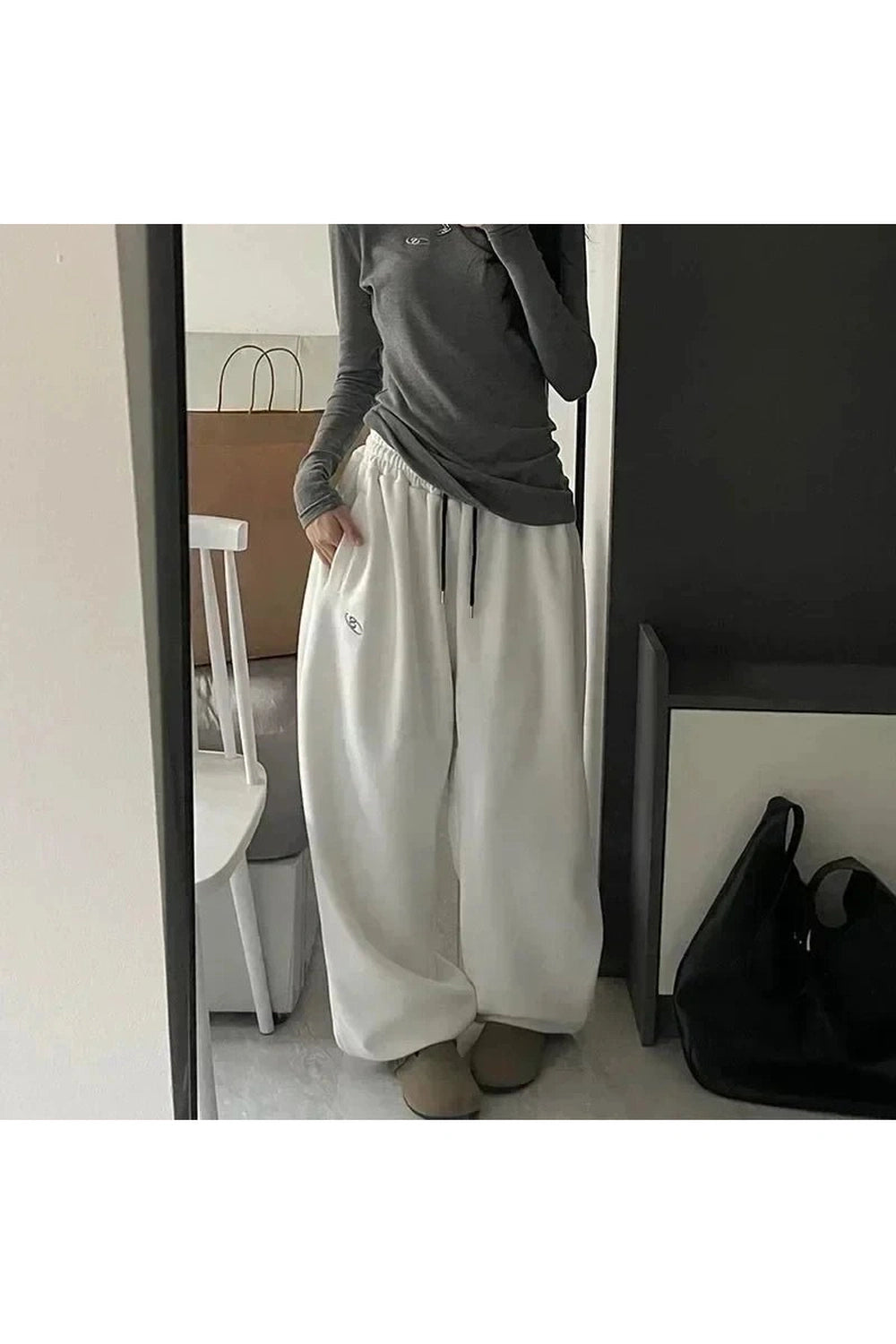 Fleece Wide Leg Sweatpants WHITE Shoptery