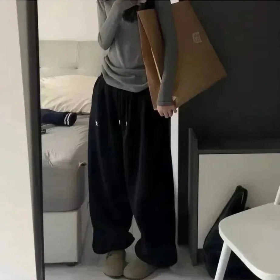 Fleece Wide Leg Sweatpants Black Shoptery