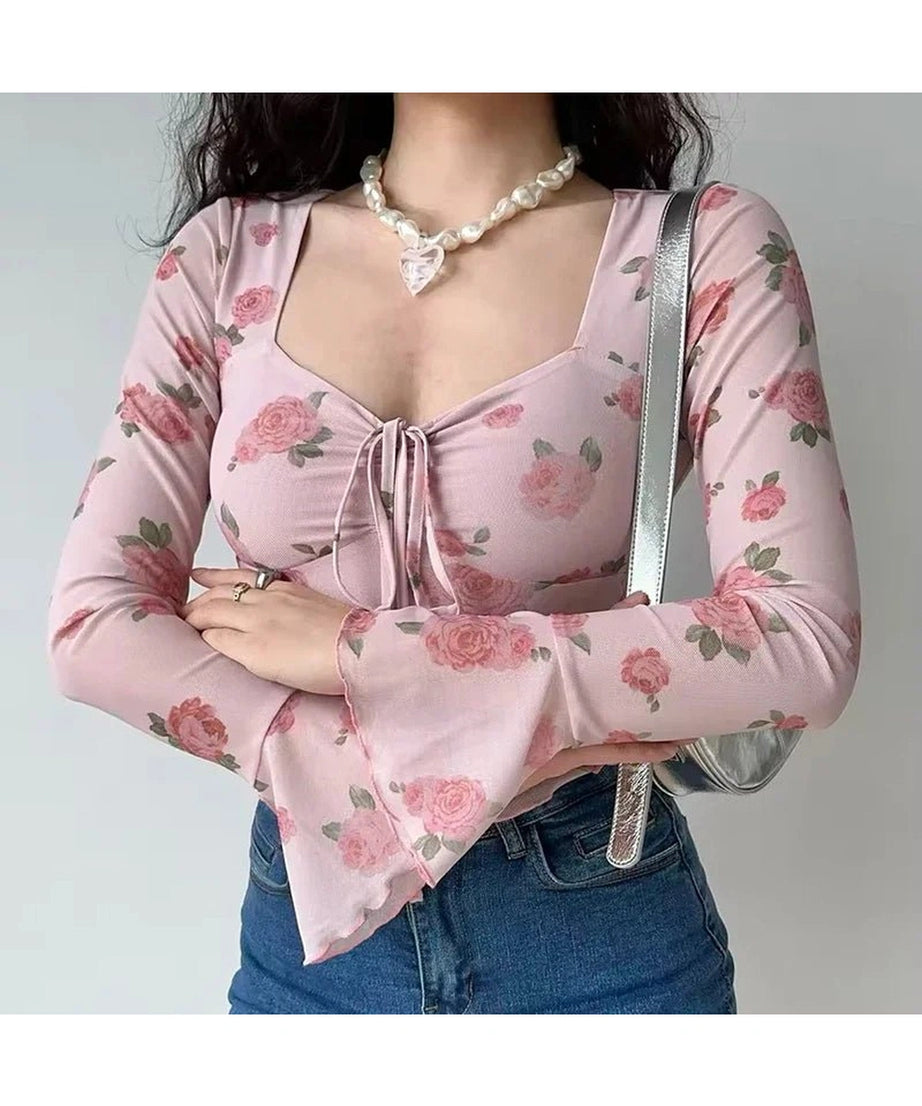 Floral Bell Sleeve Crop Top - Crop Tops