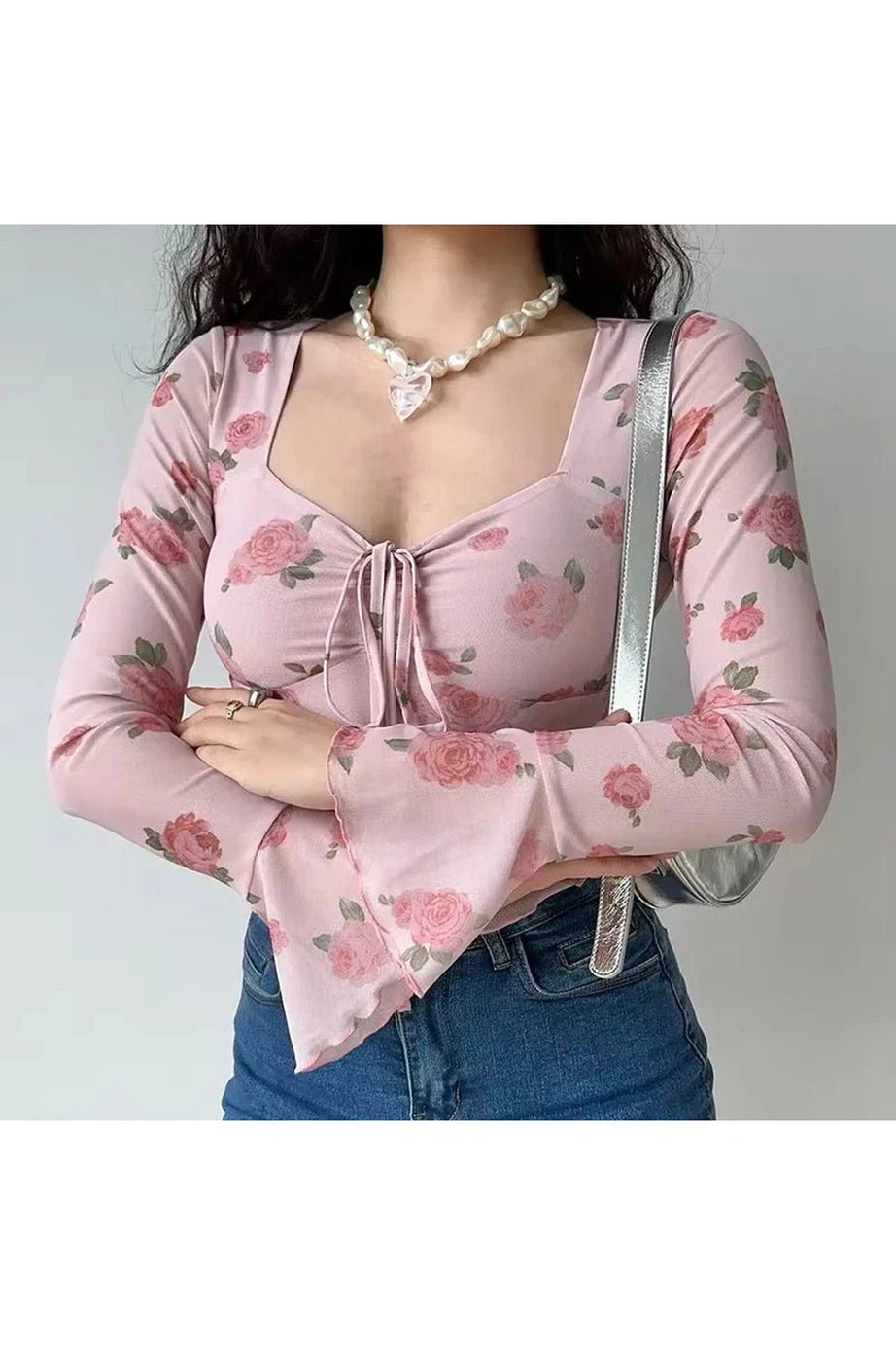 Floral Bell Sleeve Crop Top - Crop Tops