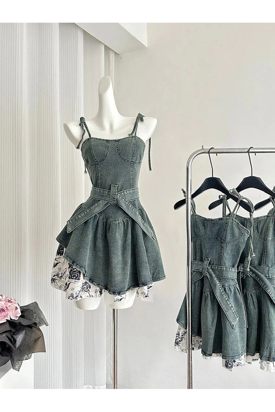 Floral Denim Flare Dress - Dresses