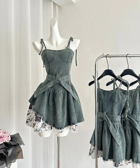 Floral Denim Flare Dress - Dresses