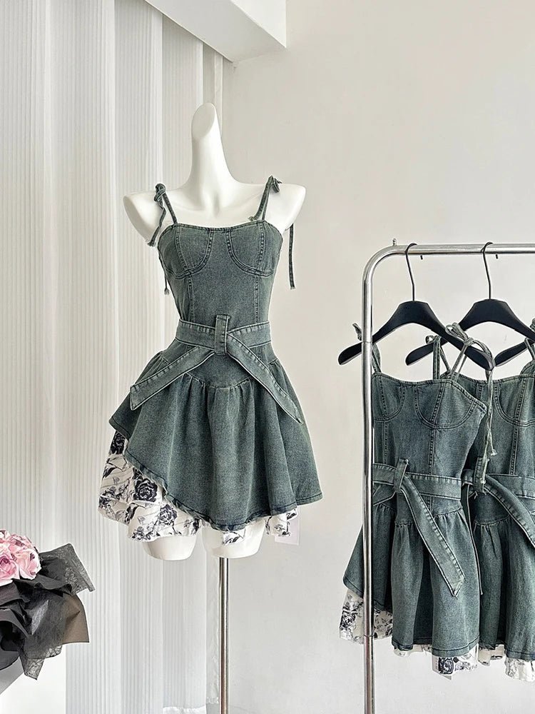 Floral Denim Flare Dress - Dresses