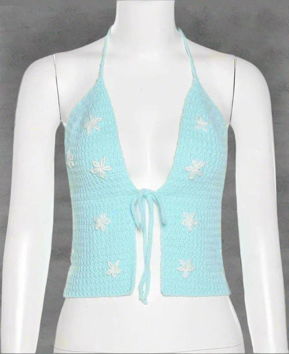 Floral Halter Crop Top Blue Shoptery