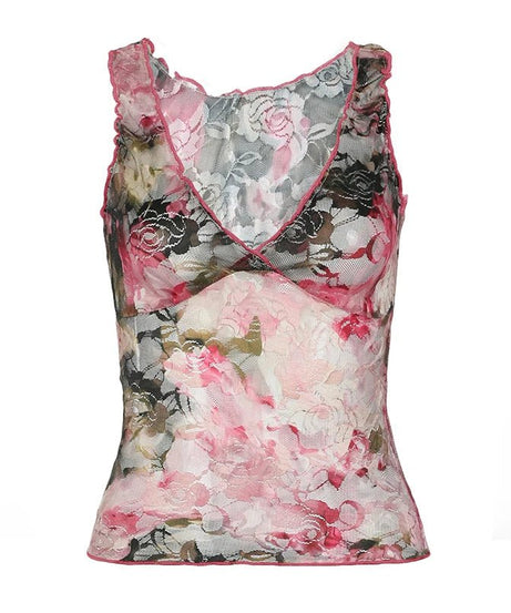 Floral Mesh Wrap Tank Top - Crop Tops