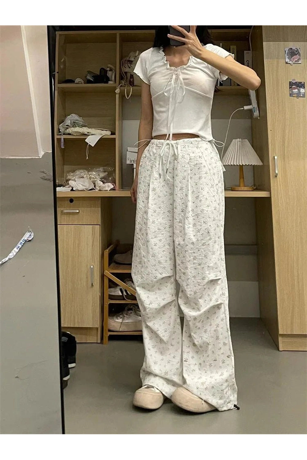 Y2k Floral Serenity Wide-Leg Pants Beige Shoptery