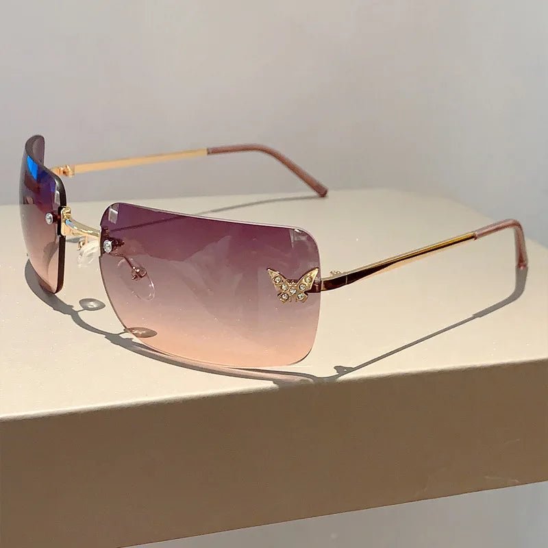 Y2k Flutter Glow Rimless Sunglasses Purple Pink Shoptery