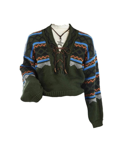 Forest Fair Isle Lace - Up Sweater - 