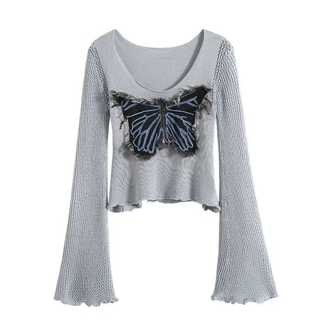 Edgy Frayed Butterfly Bell Sleeve Top Light Blue Shoptery