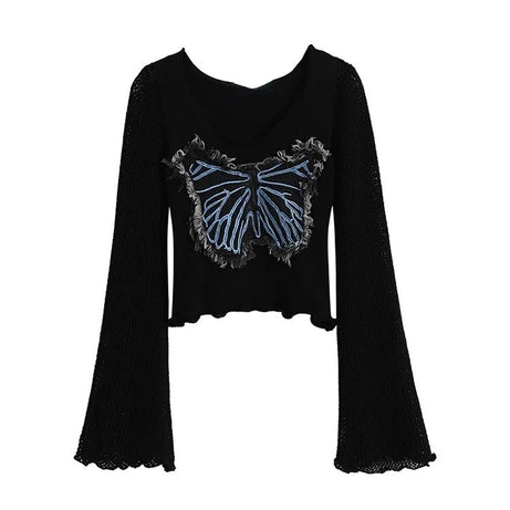 Edgy Frayed Butterfly Bell Sleeve Top black Shoptery
