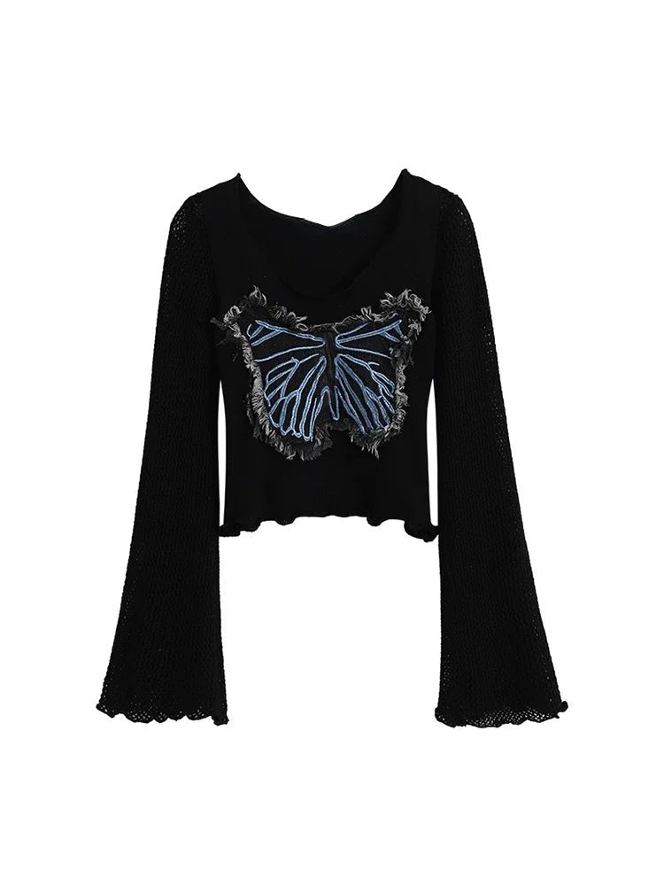 Edgy Frayed Butterfly Bell Sleeve Top black Shoptery