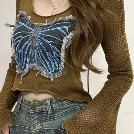 Edgy Frayed Butterfly Bell Sleeve Top Shoptery