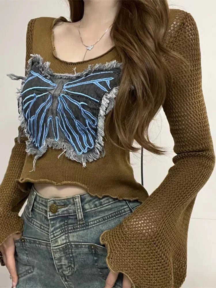 Edgy Frayed Butterfly Bell Sleeve Top Shoptery