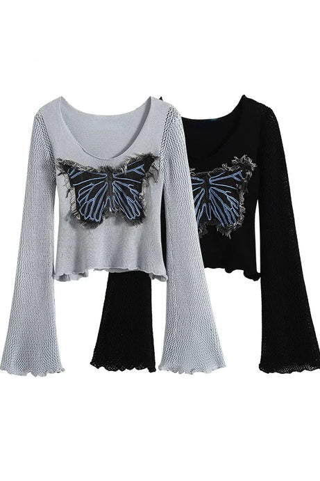 Frayed Butterfly Bell Sleeve Top - 