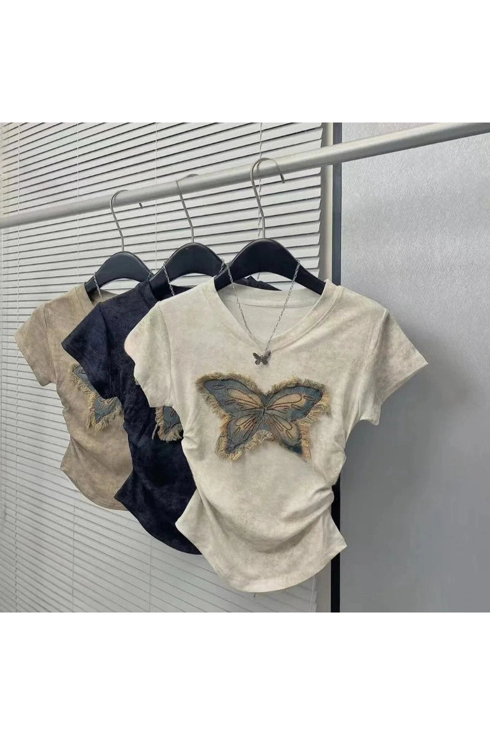 Edgy Frayed Butterfly Patch Top Shoptery