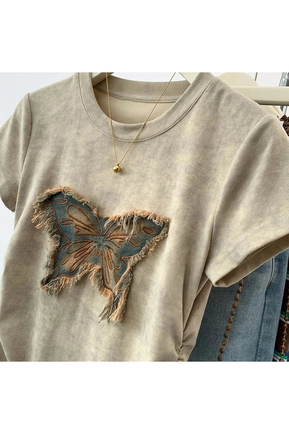 Edgy Frayed Butterfly Patch Top Shoptery