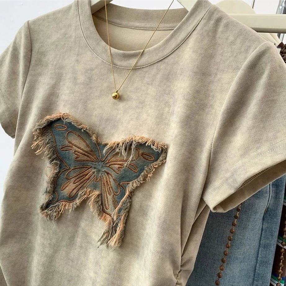 Edgy Frayed Butterfly Patch Top Shoptery