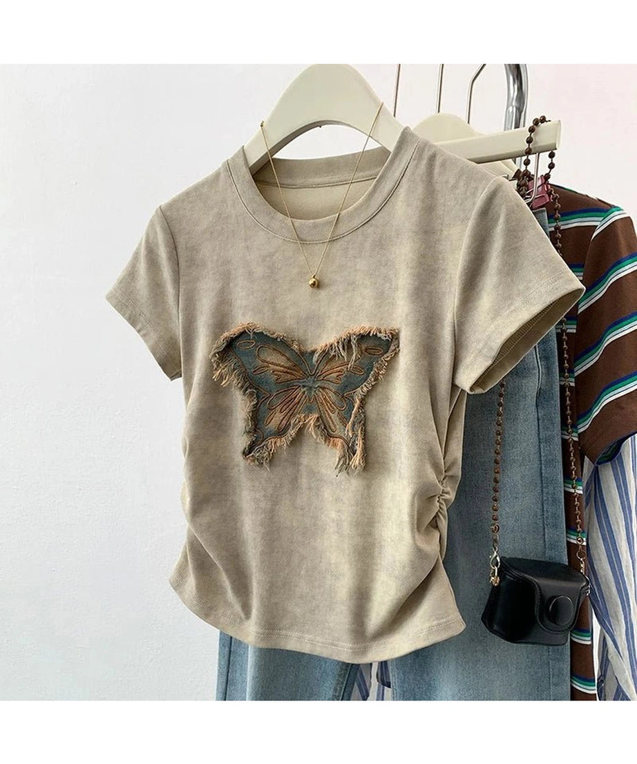 Frayed Butterfly Patch Top - Shirts & Tops