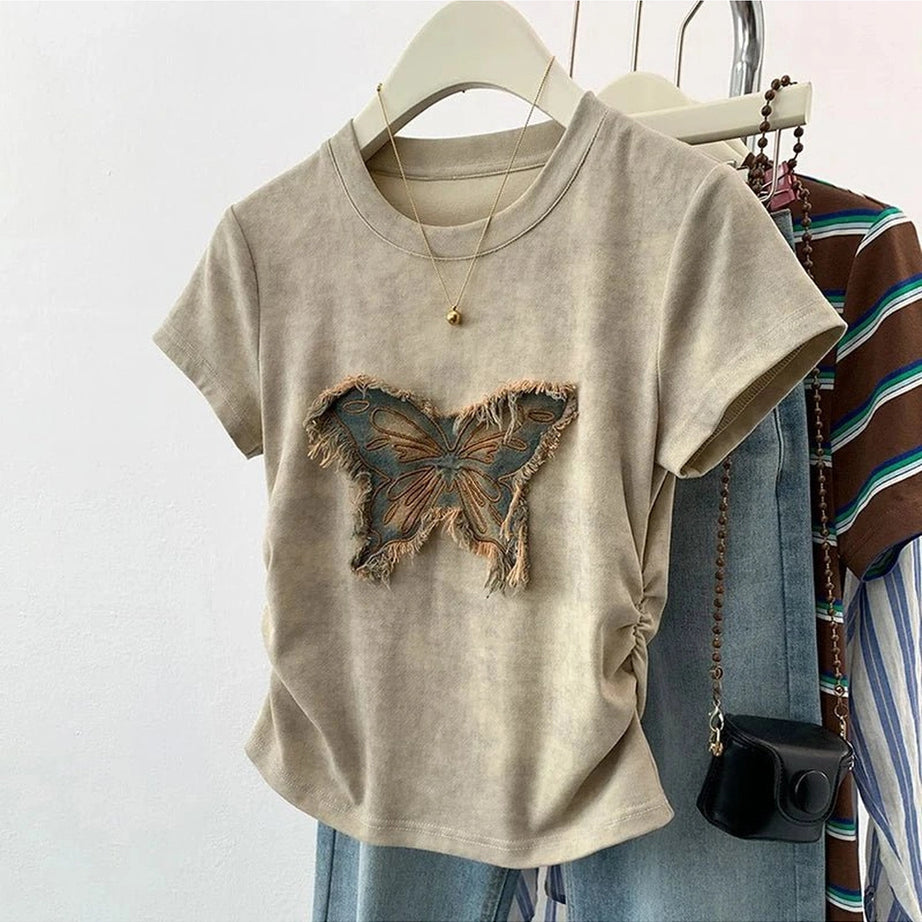 Edgy Frayed Butterfly Patch Top Khaki Shoptery