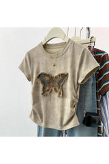 Edgy Frayed Butterfly Patch Top Khaki Shoptery