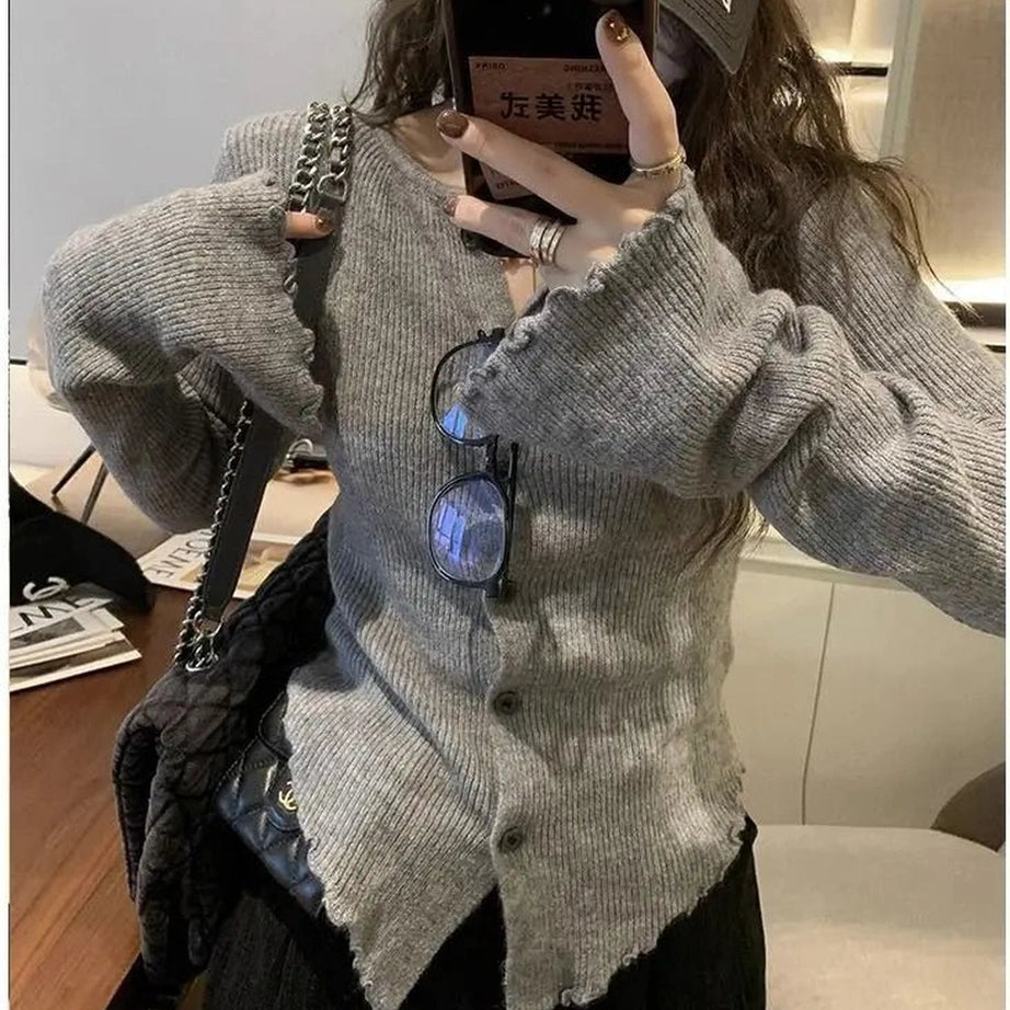 Aesthetic Frayed Edgy Ribbed Cardigan Grey Shoptery
