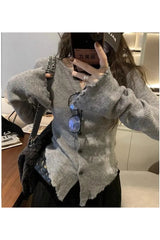 Aesthetic Frayed Edgy Ribbed Cardigan Grey Shoptery
