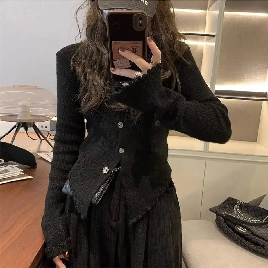 Aesthetic Frayed Edgy Ribbed Cardigan Black Shoptery