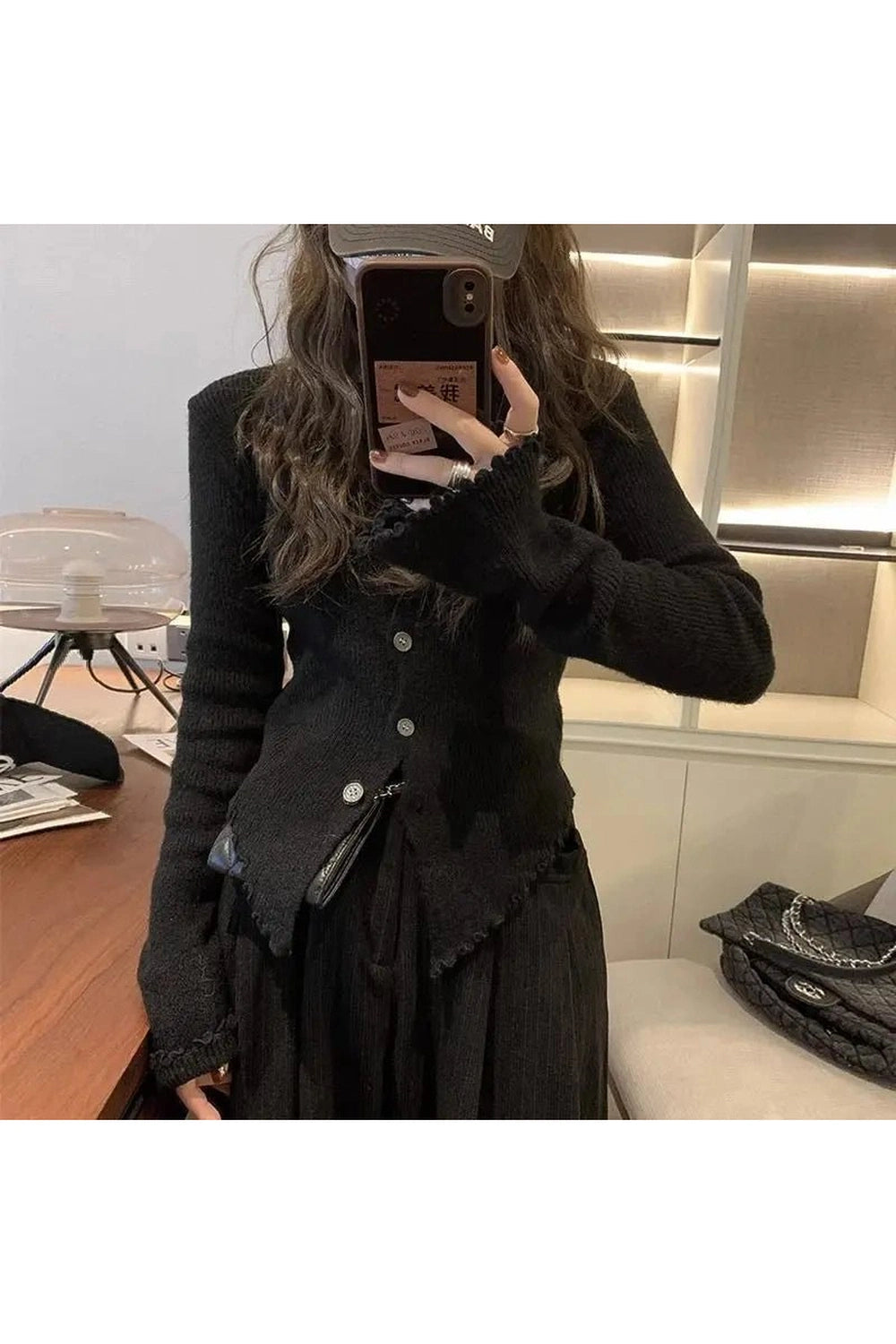 Aesthetic Frayed Edgy Ribbed Cardigan Black Shoptery