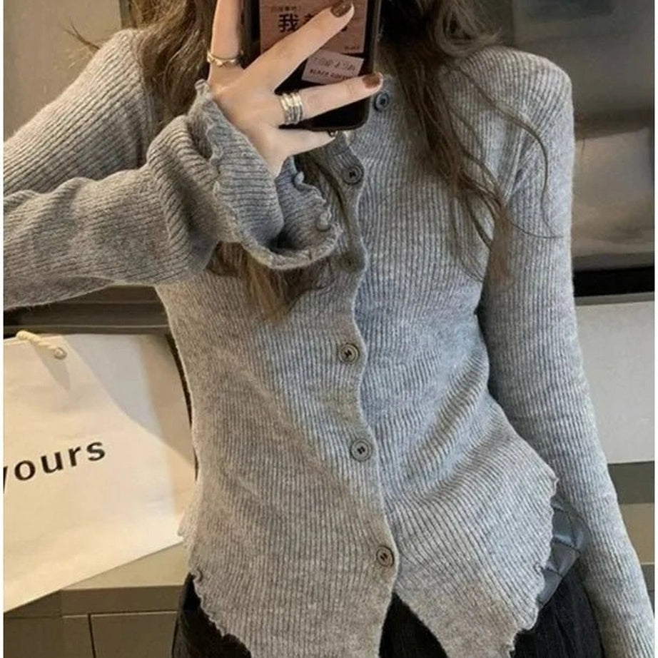 Aesthetic Frayed Edgy Ribbed Cardigan Shoptery