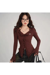 Coquette Frayed Hem Ribbed Cardigan Shoptery