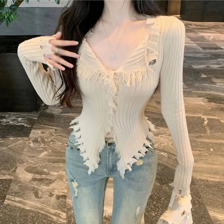 Coquette Frayed Hem Ribbed Cardigan Shoptery