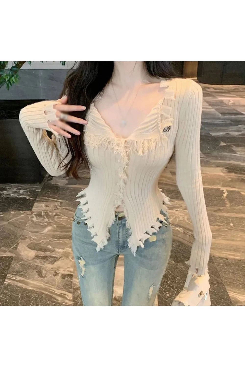 Coquette Frayed Hem Ribbed Cardigan Shoptery