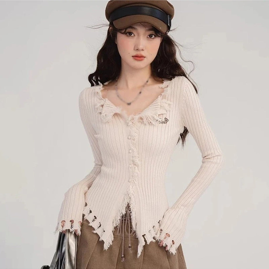 Coquette Frayed Hem Ribbed Cardigan A Onesize Shoptery