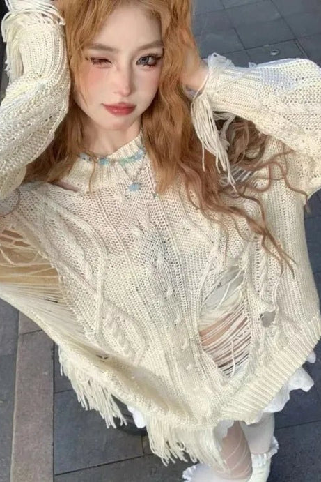 Frosted Whisper Frayed Sweater - Sweaters