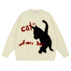 Aesthetic Fuzzy Black Cat Knit Sweater Apricot Shoptery
