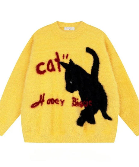 Fuzzy Black Cat Knit Sweater - 