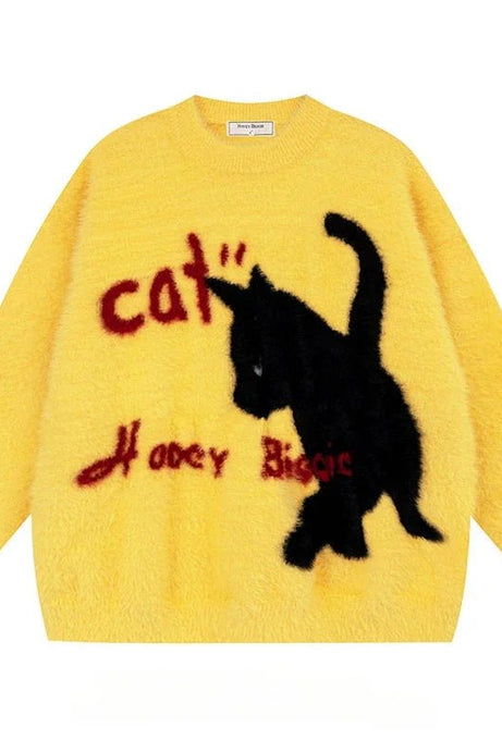 Fuzzy Black Cat Knit Sweater - 