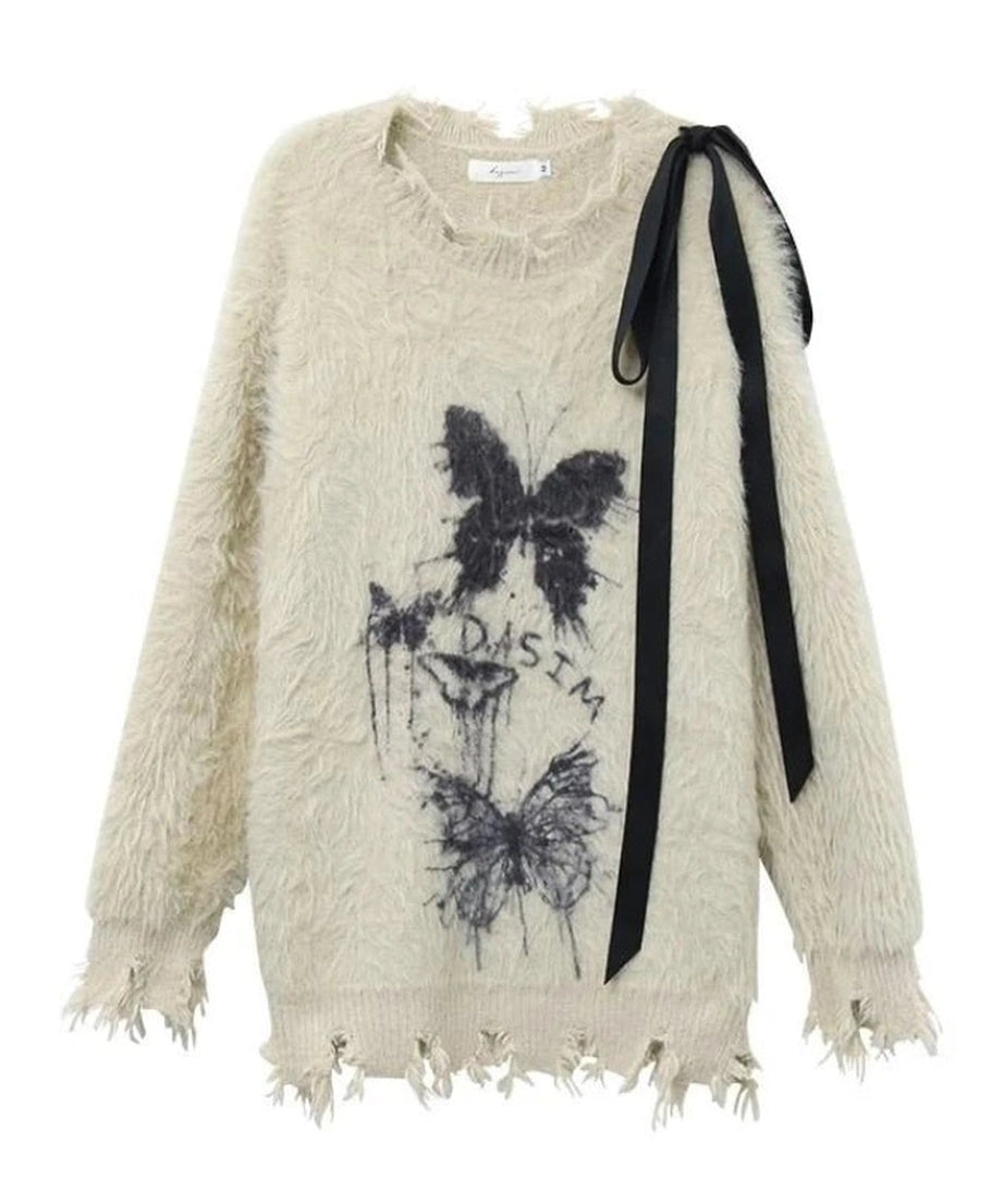 Fuzzy Butterfly Distressed Sweater - 