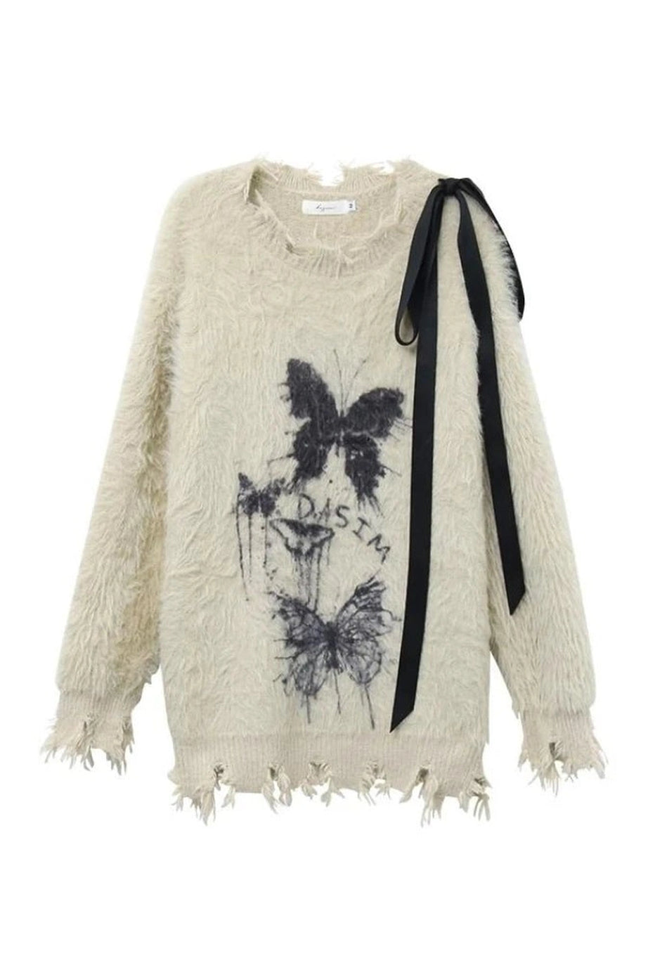 Fuzzy Butterfly Distressed Sweater - 