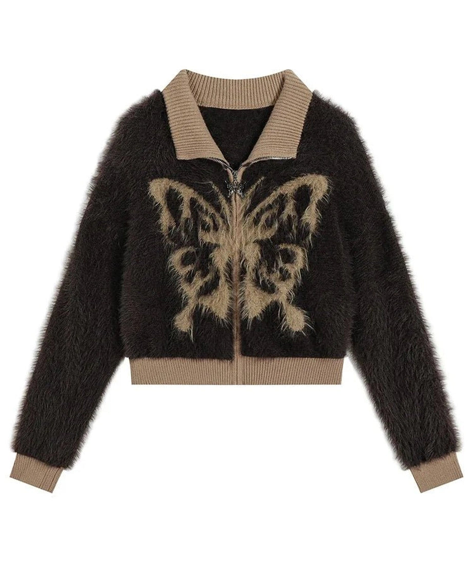 Fuzzy Butterfly Zip - Up Cardigan - Cardigans