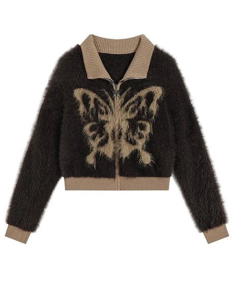 Fuzzy Butterfly Zip - Up Cardigan - Cardigans