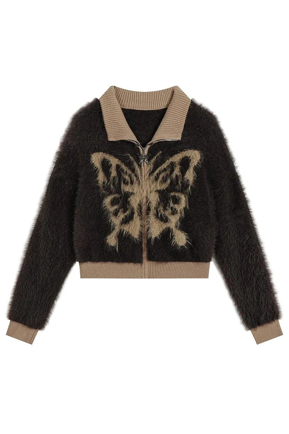 Fuzzy Butterfly Zip - Up Cardigan - Cardigans