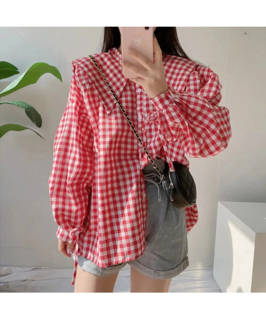 Gingham Charm Button - Up Blouse - Blouses