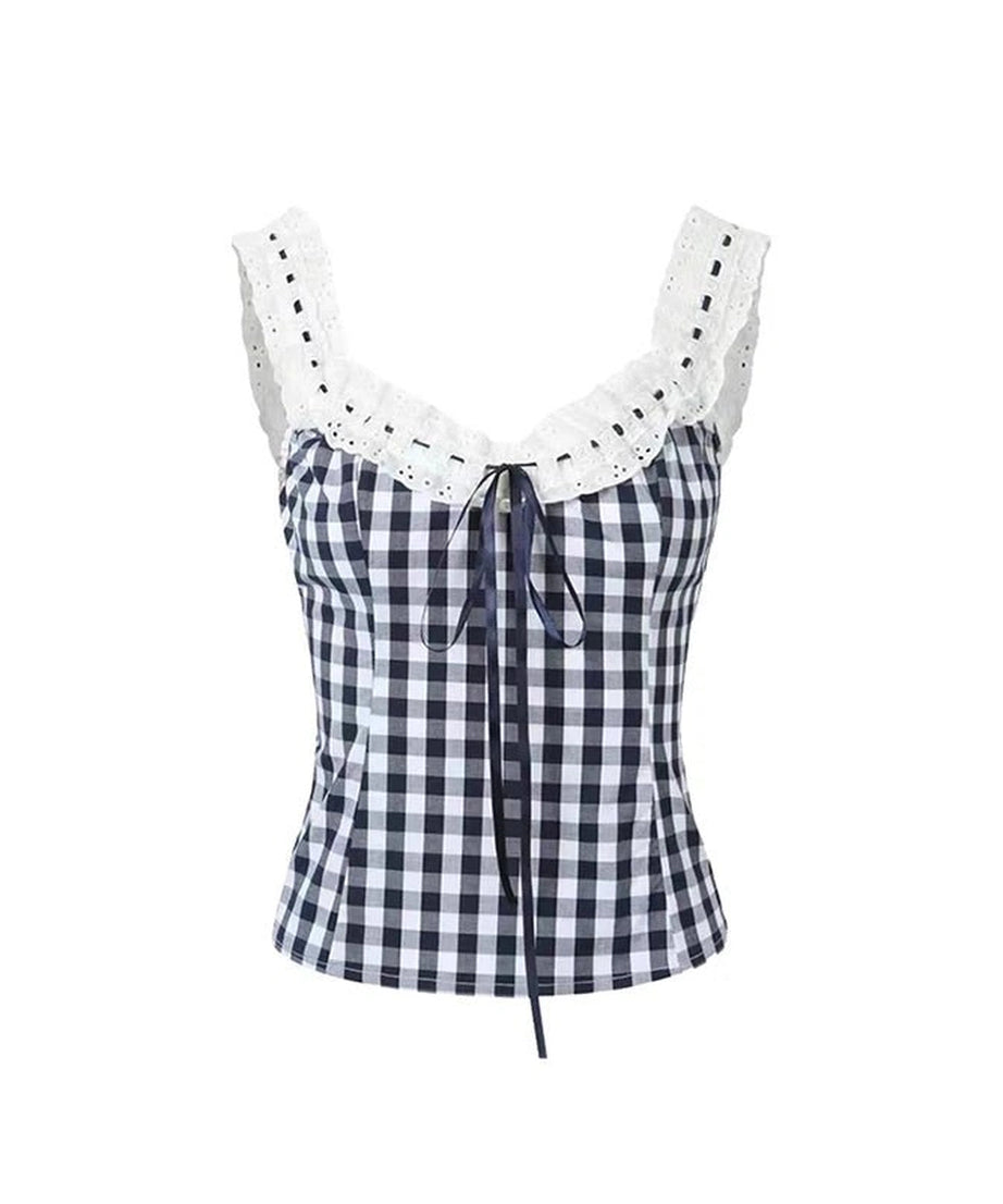 Gingham Lace - Up Ruffle Top - 