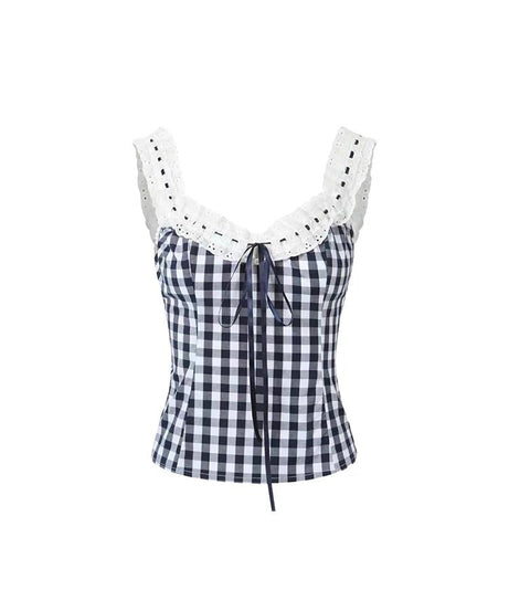 Gingham Lace - Up Ruffle Top - 