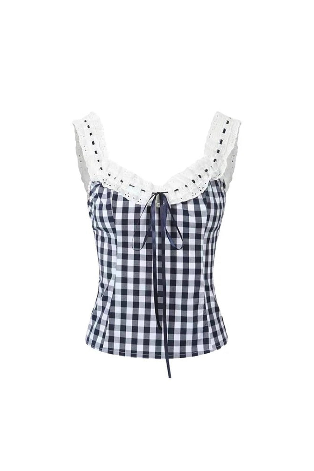 Gingham Lace - Up Ruffle Top - 